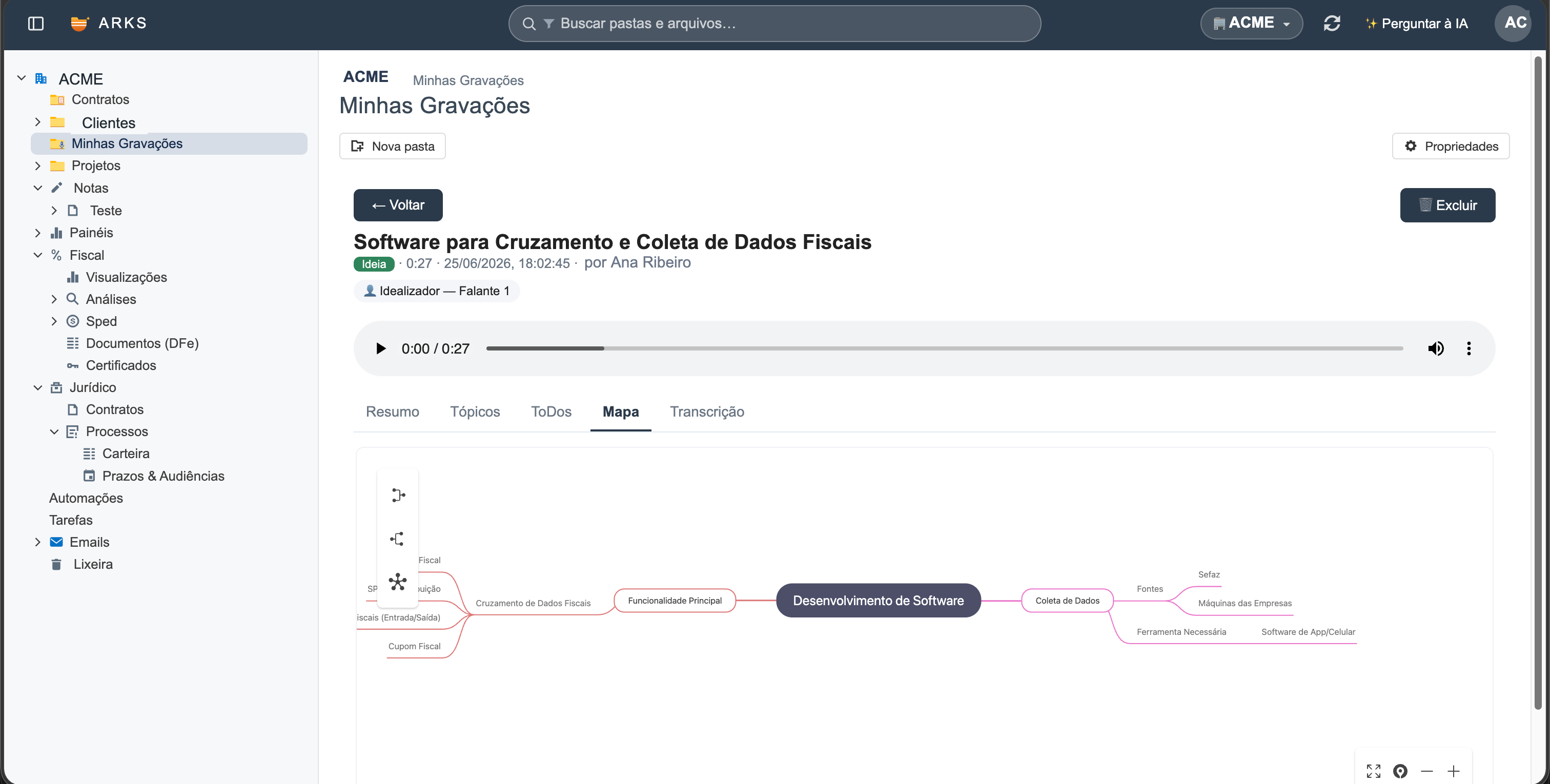 Gravação de voz transcrita com mapa mental gerado pela arks
